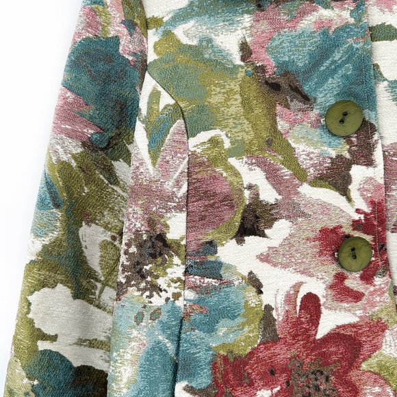 Designer Vintage Green Red Cream Pastel Paint Stroke Floral Jacket Coat - Picture 3 of 6